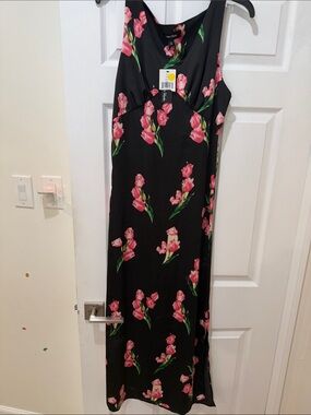 Lea & Viola Black Maxi Dress with Pink Floral Tulips